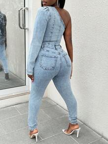 Slaydiva Mono de mezclilla skinny de mujer informal con cuello asimétrico lavado