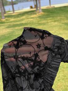 SHEIN EZwear Plus Size Women Flower Mesh Flare Pants - Black - View 5