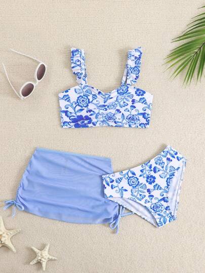 Young Girls' Floral Print Bikini Set With Cover-Up Skirt, For Vacation Summer Holiday