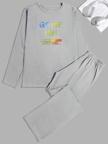 EURMUSE 男式游戏字母印花常规长袖和长裤家居服套装 - 灰色 - 查看 2