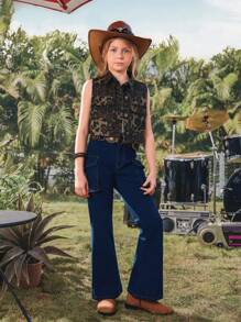 SHEIN Tween 女童深洗蓝色牛仔裤，松紧腰带，实用口袋，紧身喇叭裤腿，舒适时尚 - 深色水洗藍 - 查看 3