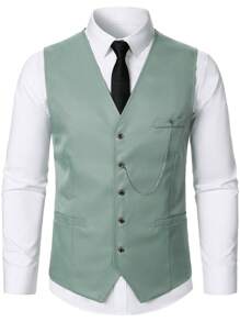 Calvornis 男士纯色单排扣背心和裤子西装套装 - 綠色 - 查看 3
