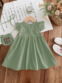 LMoss Kids LMoss Baby Girl Woven Embroidered Round Neck Ruffle Hem Dress With Diagonal Shoulder Bag,Sisters Outfit,Suitable For Spring And Summer - Green - View 2