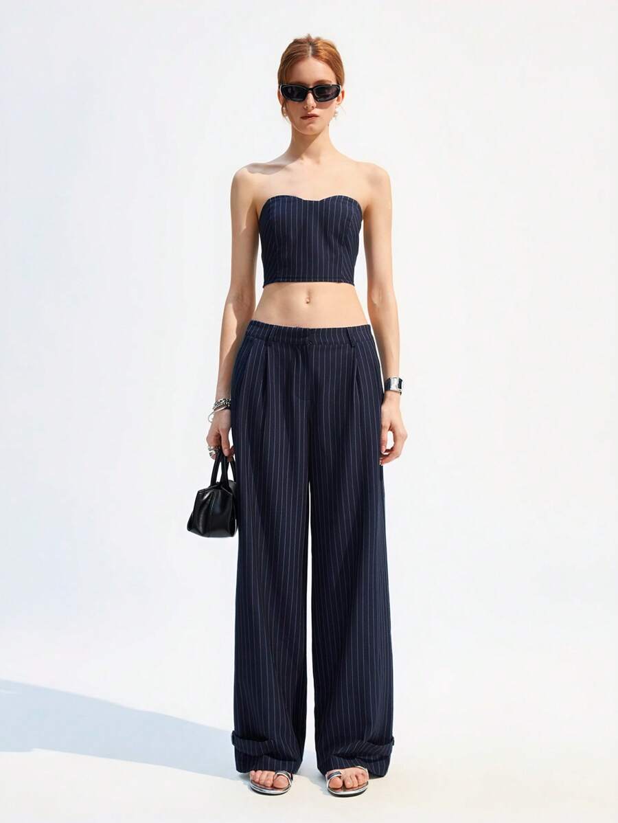 LYSMO Women's Striped Bandeau Suit And Trousers Set For Commuting - Blue and White - View 1