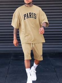 Manfinity Homme 2pcs/Set Plus Size Men's Letter Print Short Sleeve T-Shirt And Shorts - Apricot - View 1