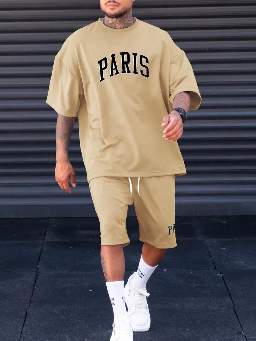 Manfinity Homme 2pcs/Set Plus Size Men's Letter Print Short Sleeve T-Shirt And Shorts - Apricot - View 1