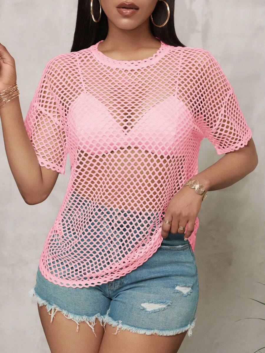 Slaydiva Music Festival Black Versatile Sexy Casual Loose Mesh Crochet Women's Short Sleeved T-Shirt Top - Pink - View 1