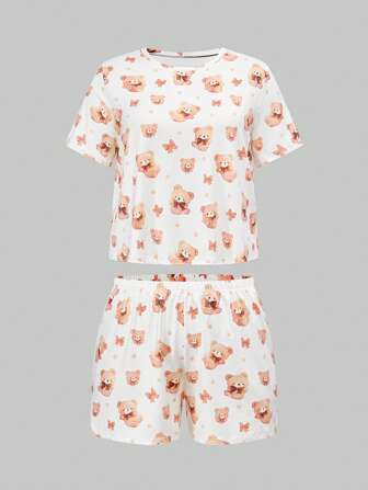 Kawaii Kawaii Bear & Bow Print Plus Size Shorts And Short Sleeve Pajama Set