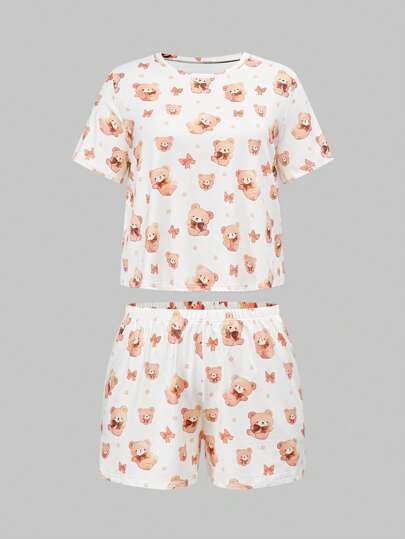 Kawaii Bear & Bow Print Plus Size Shorts And Short Sleeve Pajama Set