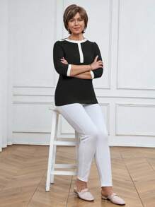 SHEIN LUNE 2 件女式休闲拼色长袖衬衫和白色紧身裤套装