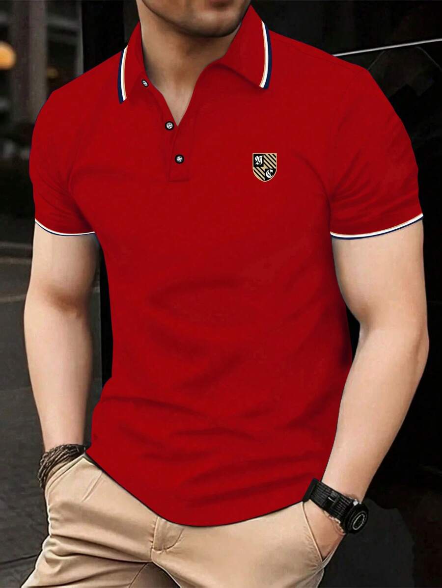 Men's Button Collar Polo Shirt With Shield - Red - View 1