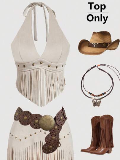 SHEIN ICON Top halter sin espalda con flecos, estilo vintage vaquero bohemio country para conciertos, vacaciones, hippie, uso occidental para mujeres en festivales