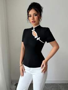 Elenzga Halloween Costume Black Minimalist Fitted Stand Collar T-Shirt For Women - Black - View 4