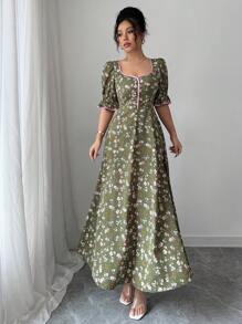 Modelyn 女式泡泡袖碎花连衣裙，撞色边，超长款女士装长款晚礼服 - 綠色 - 查看 6