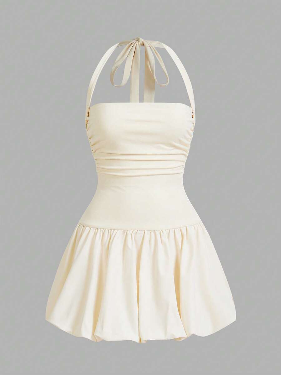 SHEIN EZwear 女士纯色褶皱系带短款泡泡裙 - 黃色 - 查看 1