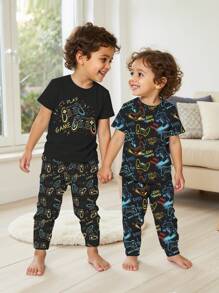 SHEIN 4pcs Young Boy Set Comfortable Gaming Themed Graphic Print Stretchy Soft Snug Fit Pajama Set, Suitable For Any Occasion, Spring/Summer S Sets For Kids Boys Little Game - Multicolor - View 1
