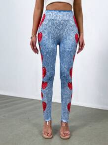 Zolique Women Heart Print Slim Fit Leggings Fall Cloth For Women - Blue - View 6