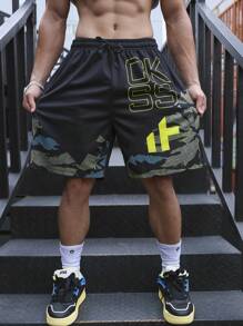 Manfinity Sport Corelite Boyfriend Style Men Camo Print Drawstring Waist Sports Shorts Gym Shorts Jogger Shorts Sweat Pants Black Shorts - Black - View 4