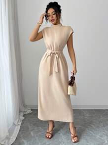 Chiquease 女式浅卡其色纽扣收腰无袖连衣裙，带肩部设计 - 卡其色 - 查看 3