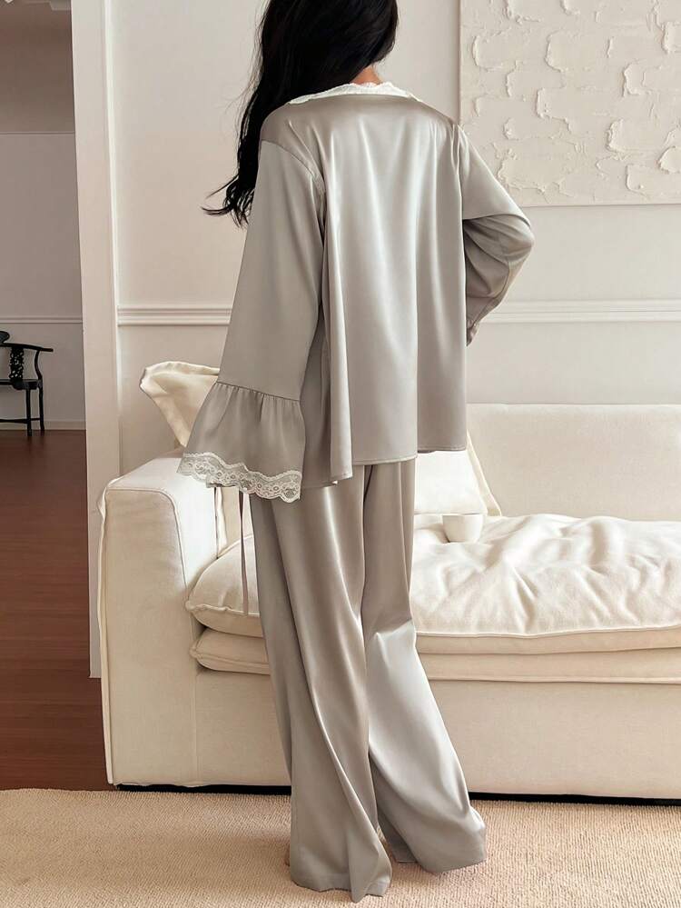 3pcs Set Satin & Lace Patchwork Open Front Robe, Camisole Top, And Long Pants Pajama Set For Women, Fall Winter Clothes