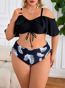 SHEIN CURVE+ Plus Size Women's Two Pieces Printed Off Shoulder Ruffled Adjustable Drawstring Swimwear, Minimalist Style For Vacation For Summer - Multicolor - View 5