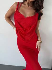 Firerie Women's Elegant & Sexy Delicate Romantic Vacation Outfits Woman Party Plunging Neckline Lace Backless Ight-Fitting Red Spaghetti Strap Dress