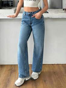 EURMUSE 中腰宽松直筒牛仔裤，适合夏季的简约时尚 - 中等水洗藍 - 查看 1