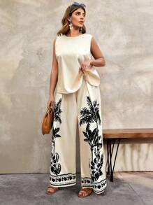 Breezaya Plus Size Women's Deep V-Neck Print Top And High Waist Pants 2 Pieces Set - Multicolor - View 6