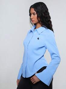 TRNVIE Women Embroidery Decor Waist-Cinched Bell Sleeve Shirt Fall Cloth For Women - Blue - View 5