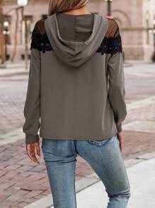 SHEIN LUNE Women Patch Decor Mesh Splice Drawstring Hoodie Sweatshirt - Coffee Brown - View 2