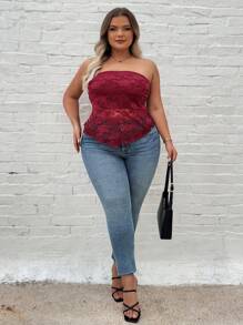SHEIN CURVE+ Plus Size Lace Triangular Shawl Bralet Top, For Music Festival - Red - View 8