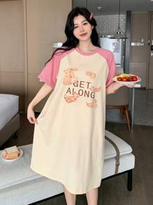 DAZY Cute Pattern Print Contrast Color Raglan Sleeve Loose Women Summer Nightgown