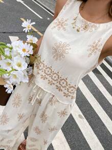 Serisse 女式全身印花圆领无袖上衣和阔腿裤休闲两件套 - 彩色 - 查看 5