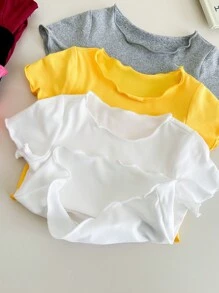10pcs/Set Baby Girls Cute Solid Color Knitted Short Sleeve Tops, Buy One Get Nine Free, Summer - Pink - View 5