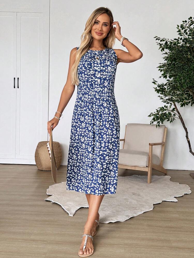 Women's Holiday Casual Mini Ditsy Floral Sleeveless Midi Dress