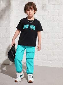 SHEIN Leap Crew 2 Stücke Kleinkind Jungen Lässig Rundhals T-Shirt und Cargohose Set - Lichtblau - Übersicht 3