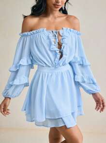 Mykaelle Rosa Damen Mini-Kleid mit tiefer Schulter, Langarm, blauem Chiffon, Rüschen-Lagen - Blau - Übersicht 6