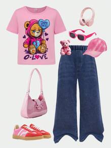 Young Girls Sets Fun Bear Print Short-Sleeved T-Shirt Paired With Denim Style Trousers - Pink - View 1