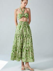 Aveloria Modichic Elegantes florales Farbclash bedrucktes Crop Top mit Trägerkragen & hochgeschnittener A-Linien Rock 2-teiliges Set, verstellbarer elastischer Bund mit Rüschendetails, Urlaubsstil für den Strand