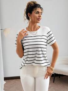 Franclia Camiseta de mujer de talla grande, de cuello redondo, de manga corta, con rayas y diseño estampado