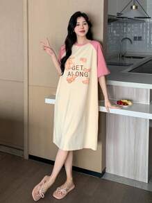 DAZY Cute Pattern Print Contrast Color Raglan Sleeve Loose Women Summer Nightgown