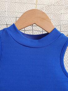 SHEIN 2pcs/Set Girls' Vacation Summer Beach Top With Cap Sleeves & Elastic Waist Wide Leg Pants Set, Suitable For Travelling & Holiday, Summer - Blue - View 5