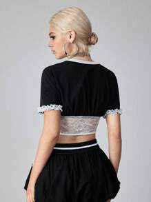 ROMWE Avant Women's Y2K Lace Bra Sports Ballerina Contrast Letter Embroidered T-Shirt - Black - View 3