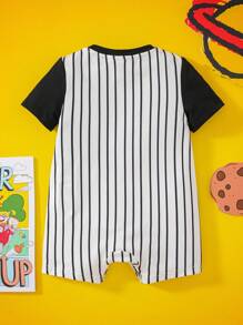 Nick 90s | SHEIN 男婴卡通形象黑白条纹可爱休闲连体衣