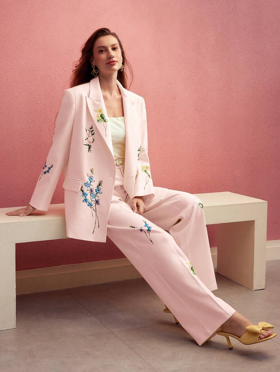 MOTF PREMIUM FLORAL PRINT DOUBLE BUTTON BLAZER - Coral Pink - View 1