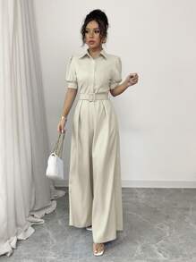 Breezaya 法式优雅百搭领扣泡泡袖腰带阔腿连体裤 蓝色 女款 春夏 - 薄荷綠 - 查看 5