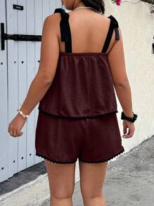 SHEIN Clasi 2pcs Plus Size Camisole Top & Shorts Set, Simple & Fashionable For Summer - Maroon - View 2