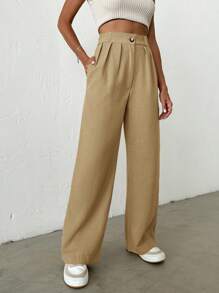 EURMUSE Plicated Detail Wide Leg Pants - Beige - View 5