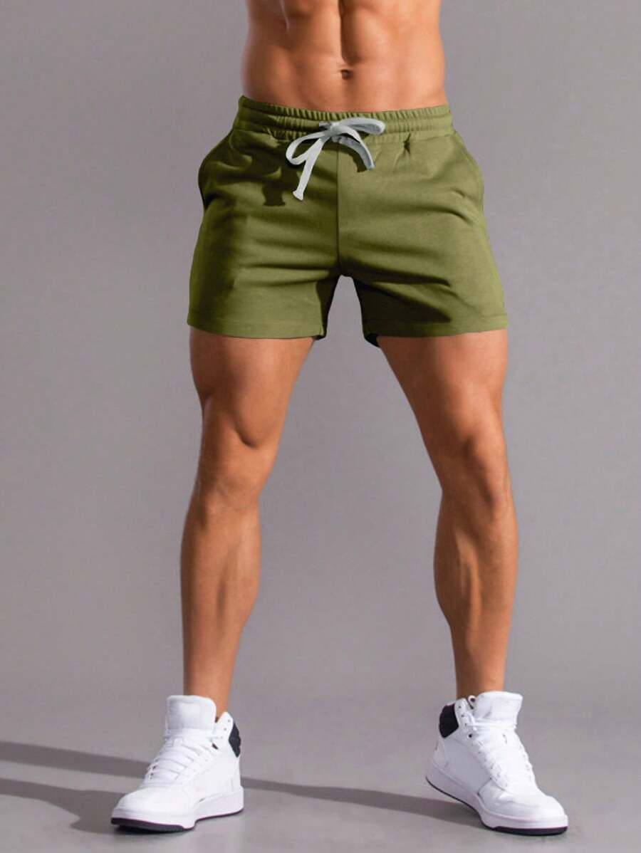 Manfinity Homme Men's Drawstring Waist Solid Color Casual Versatile Shorts - Army Green - View 1