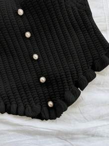 SHEIN WYWH 大码女式针织束带紧身胸衣上衣，配珍珠纽扣，浪漫的春假分层单品 - 黑色 - 查看 5